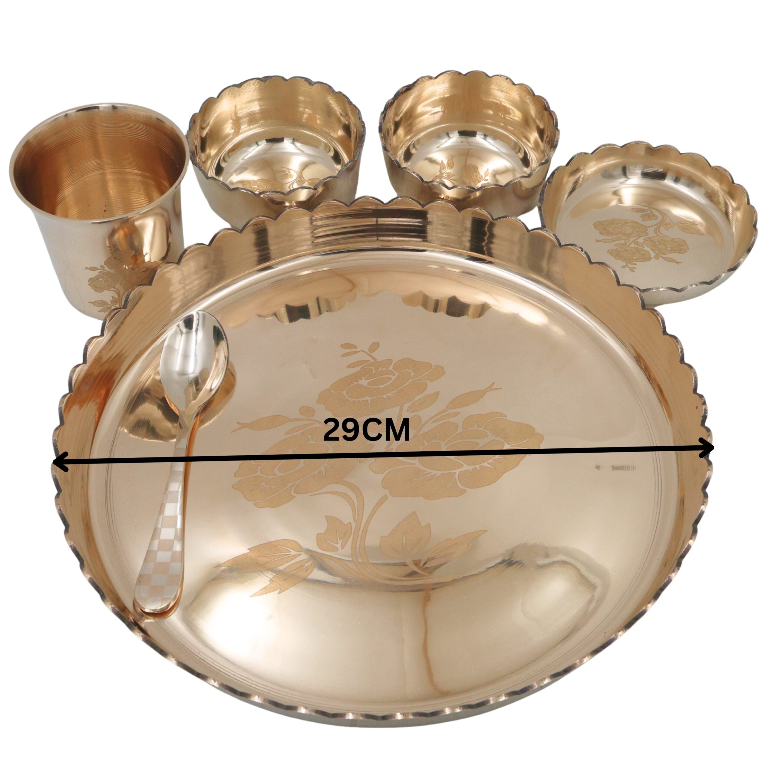 Bronze Kansa Dinner Set, Handcrafted Traditional Kansya Bhojan Thali Panchaloha Pancha Dhatu Dining Ware for Ayurvedic & Ritual Meals, Gold, 11.42 Inch, 6 Pieces Complete Dinner Set