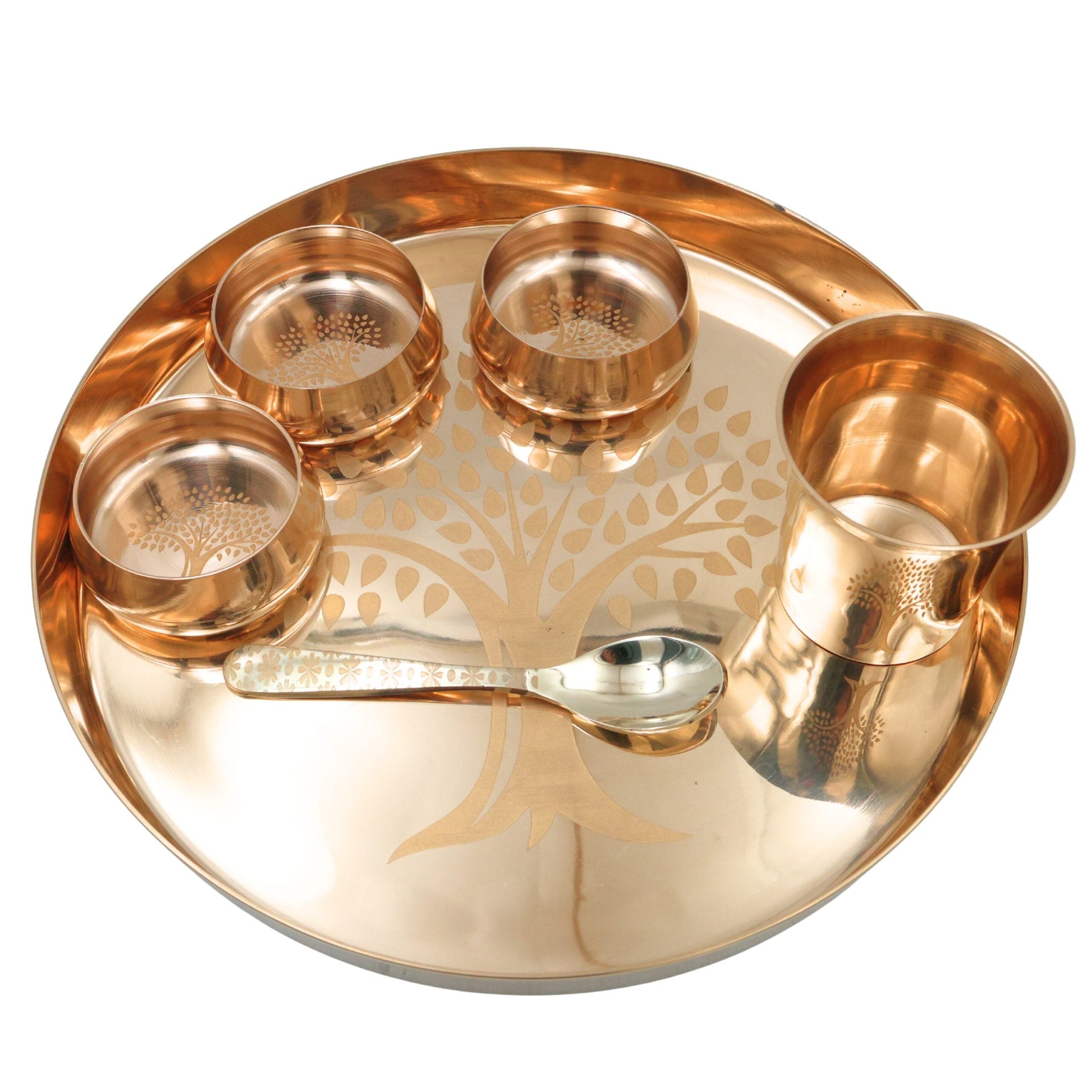Bronze Kansa Dinner Set, Handcrafted Panchaloha Bhojan Thali, Traditional Kansya Pittalai Velliyam Ayurvedic Dining Ware Set, Gold, 11.81, 6 Pieces Dinner Set