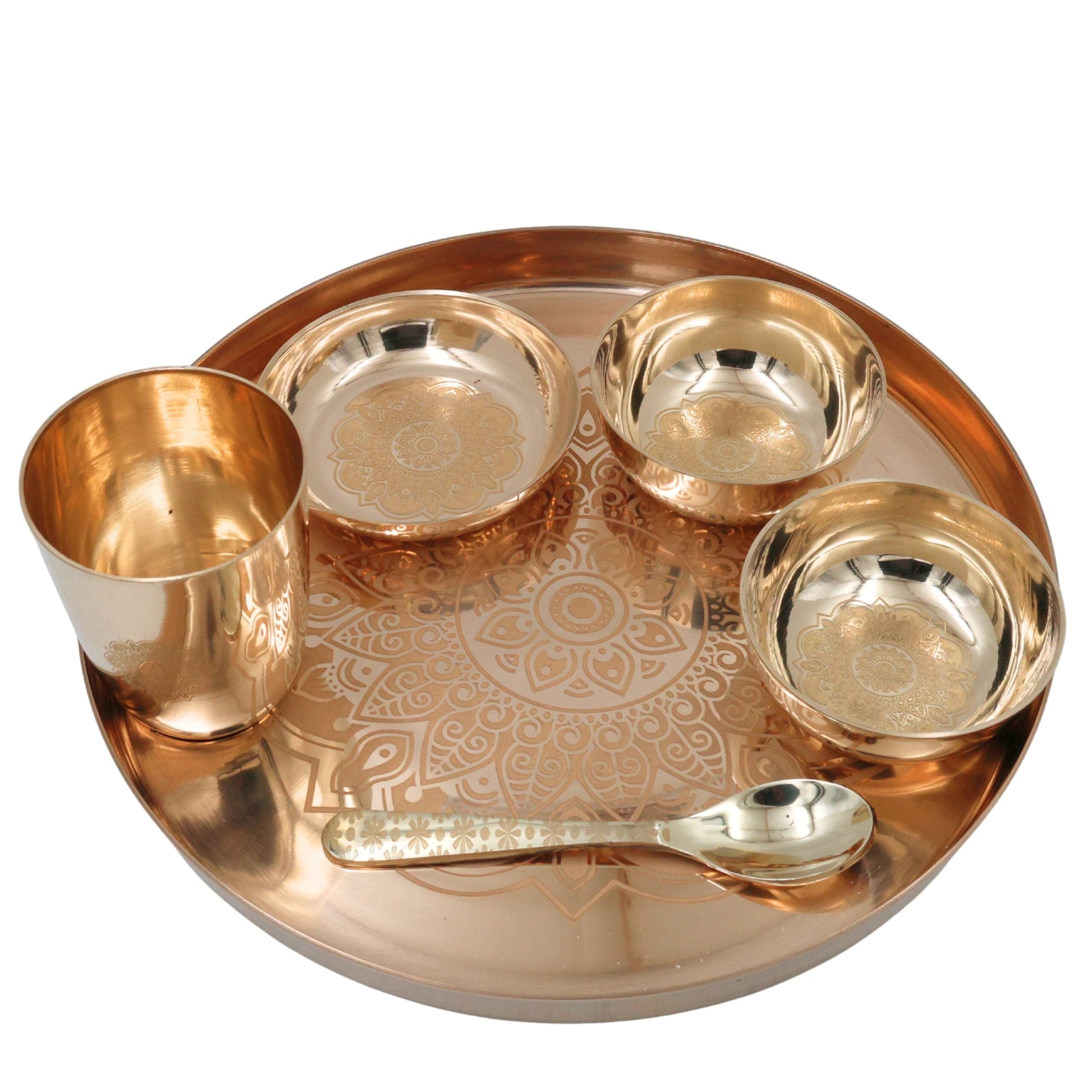 Bronze Kansa Dinner Set, Handcrafted Panchaloha Bhojan Thali with Plate Bowls Glass Spoon,Traditional Kansya Pittalai Dining Ware for Indian Meals, Gold, 11.42 Inch, 1 Piece