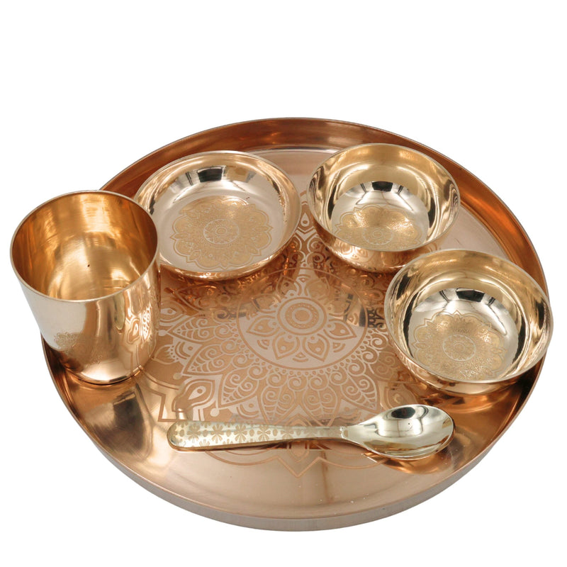Bronze Kansa Dinner Set, Handcrafted Panchaloha Bhojan Thali with Plate Bowls Glass Spoon,Traditional Kansya Pittalai Dining Ware for Indian Meals, Gold, 11.42 Inch, 1 Piece