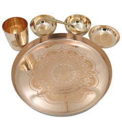 Bronze Kansa Dinner Set, Handcrafted Panchaloha Bhojan Thali with Plate Bowls Glass Spoon,Traditional Kansya Pittalai Dining Ware for Indian Meals, Gold, 11.42 Inch, 1 Piece