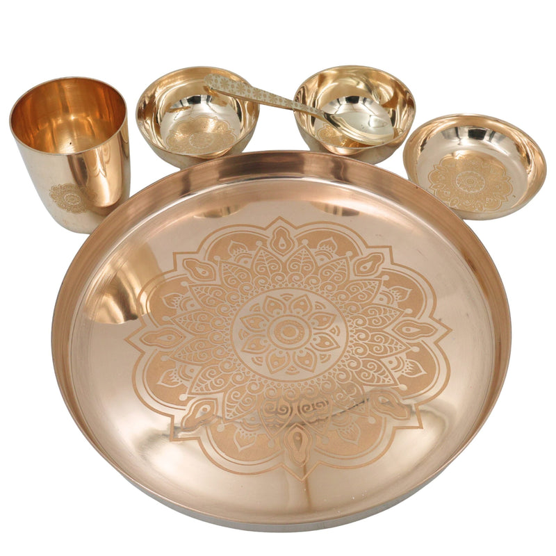 Bronze Kansa Dinner Set, Handcrafted Panchaloha Bhojan Thali with Plate Bowls Glass Spoon,Traditional Kansya Pittalai Dining Ware for Indian Meals, Gold, 11.42 Inch, 1 Piece