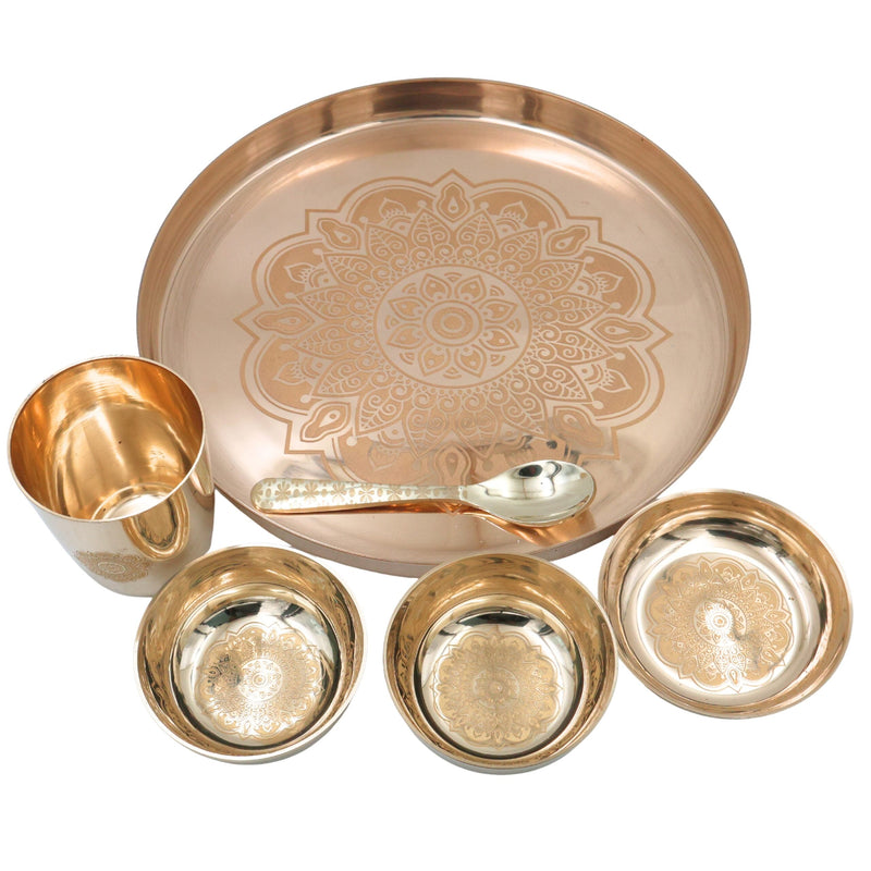 Bronze Kansa Dinner Set, Handcrafted Panchaloha Bhojan Thali with Plate Bowls Glass Spoon,Traditional Kansya Pittalai Dining Ware for Indian Meals, Gold, 11.42 Inch, 1 Piece
