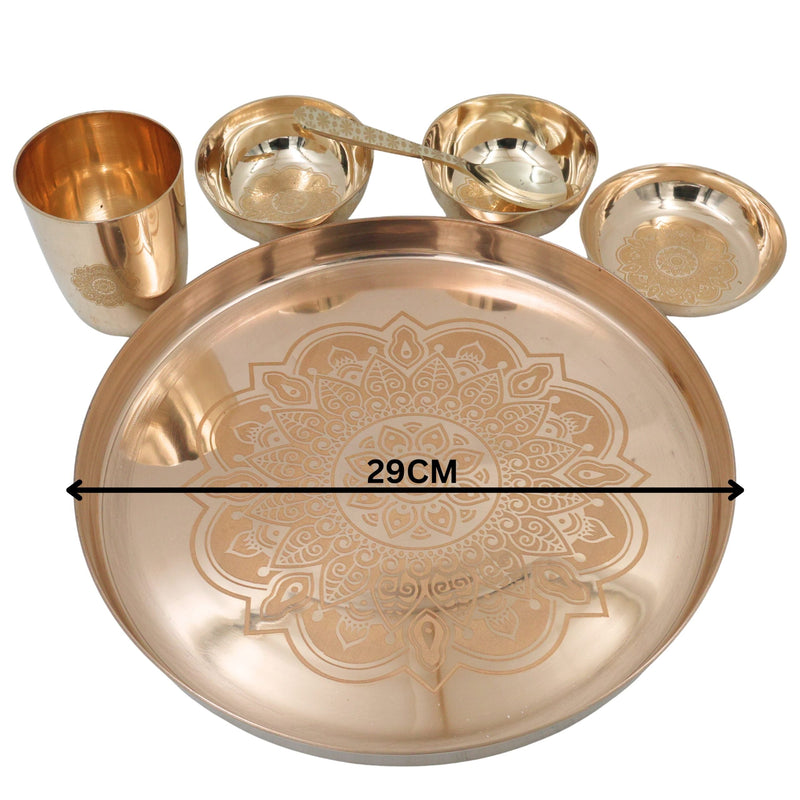 Bronze Kansa Dinner Set, Handcrafted Panchaloha Bhojan Thali with Plate Bowls Glass Spoon,Traditional Kansya Pittalai Dining Ware for Indian Meals, Gold, 11.42 Inch, 1 Piece