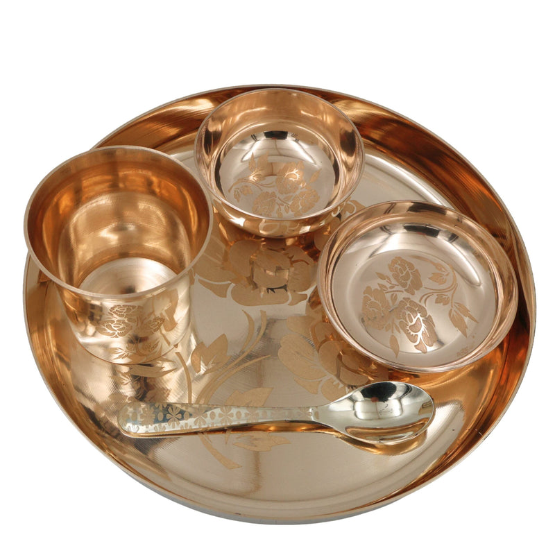 Bronze Dinner Set, Kansa Bhojan Thali, Handcrafted Panchaloha Kansya Pittalai Traditional Indian Dining Set with Plate Bowls Glass Spoon, Gold, 10.24 Inch, 6 Pieces Complete Set