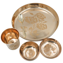Bronze Dinner Set, Kansa Bhojan Thali, Handcrafted Panchaloha Kansya Pittalai Traditional Indian Dining Set with Plate Bowls Glass Spoon, Gold, 10.24 Inch, 6 Pieces Complete Set
