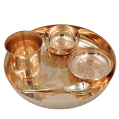 Bronze Dinner Set, Kansa Bhojan Thali, Handcrafted Panchaloha Kansya Pittalai Traditional Indian Dining Set with Plate Bowls Glass Spoon, Gold, 10.24 Inch, 6 Pieces Complete Set