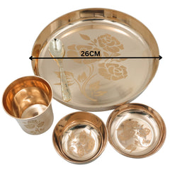 Bronze Dinner Set, Kansa Bhojan Thali, Handcrafted Panchaloha Kansya Pittalai Traditional Indian Dining Set with Plate Bowls Glass Spoon, Gold, 10.24 Inch, 6 Pieces Complete Set