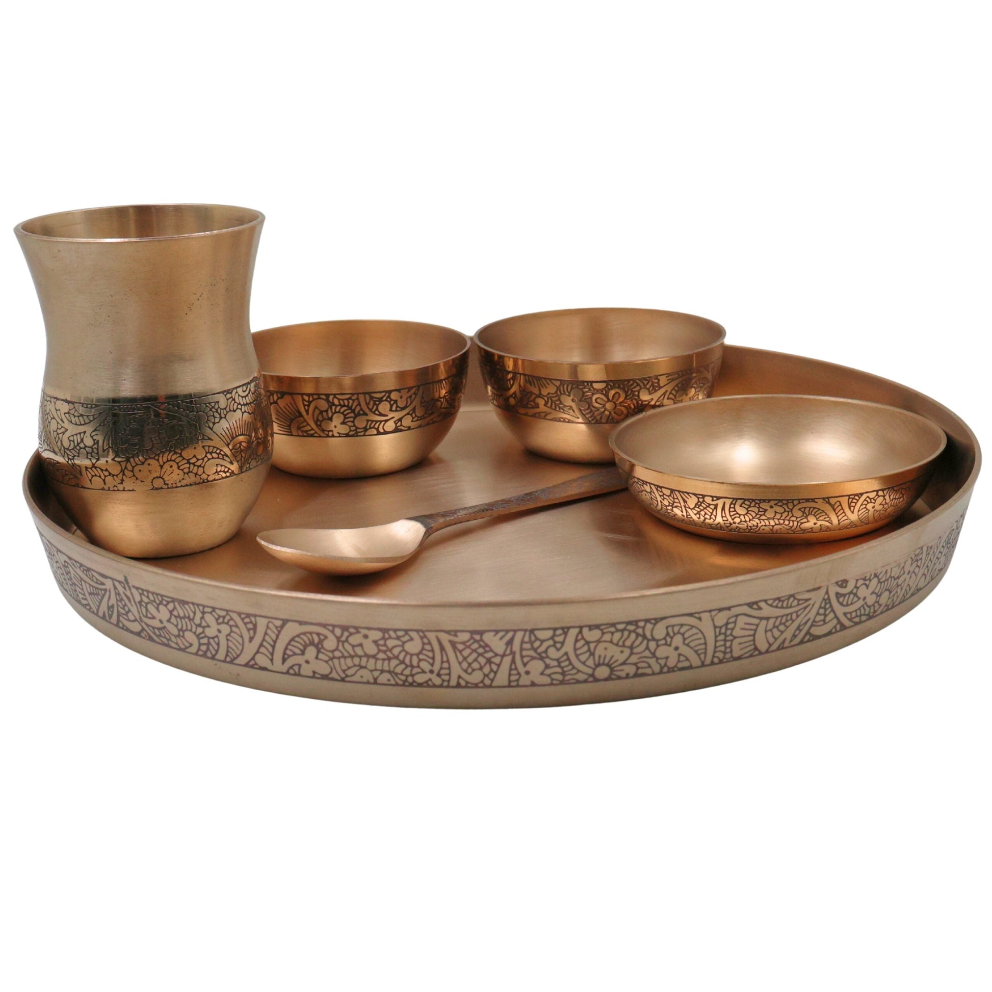 Bronze Kansa Dinner Set, Handcrafted Panchaloha Kansya Bhojan Thali, Traditional Ayurvedic Dining Plate Bowl Glass Spoon Set for Wellness Meals, Gold, 11.42 Inch, 1 Piece