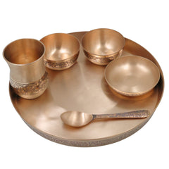 Bronze Kansa Dinner Set, Handcrafted Panchaloha Kansya Bhojan Thali, Traditional Ayurvedic Dining Plate Bowl Glass Spoon Set for Wellness Meals, Gold, 11.42 Inch, 1 Piece