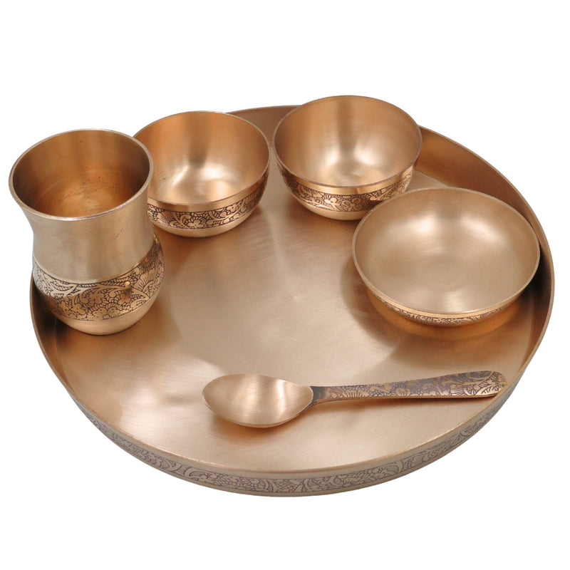 Bronze Kansa Dinner Set, Handcrafted Panchaloha Kansya Bhojan Thali, Traditional Ayurvedic Dining Plate Bowl Glass Spoon Set for Wellness Meals, Gold, 11.42 Inch, 1 Piece