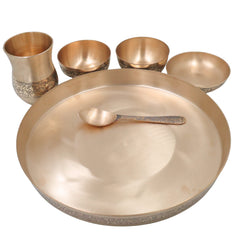 Bronze Kansa Dinner Set, Handcrafted Panchaloha Kansya Bhojan Thali, Traditional Ayurvedic Dining Plate Bowl Glass Spoon Set for Wellness Meals, Gold, 11.42 Inch, 1 Piece