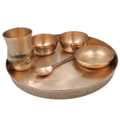Bronze Kansa Dinner Set, Handcrafted Panchaloha Kansya Bhojan Thali, Traditional Ayurvedic Dining Plate Bowl Glass Spoon Set for Wellness Meals, Gold, 11.42 Inch, 1 Piece