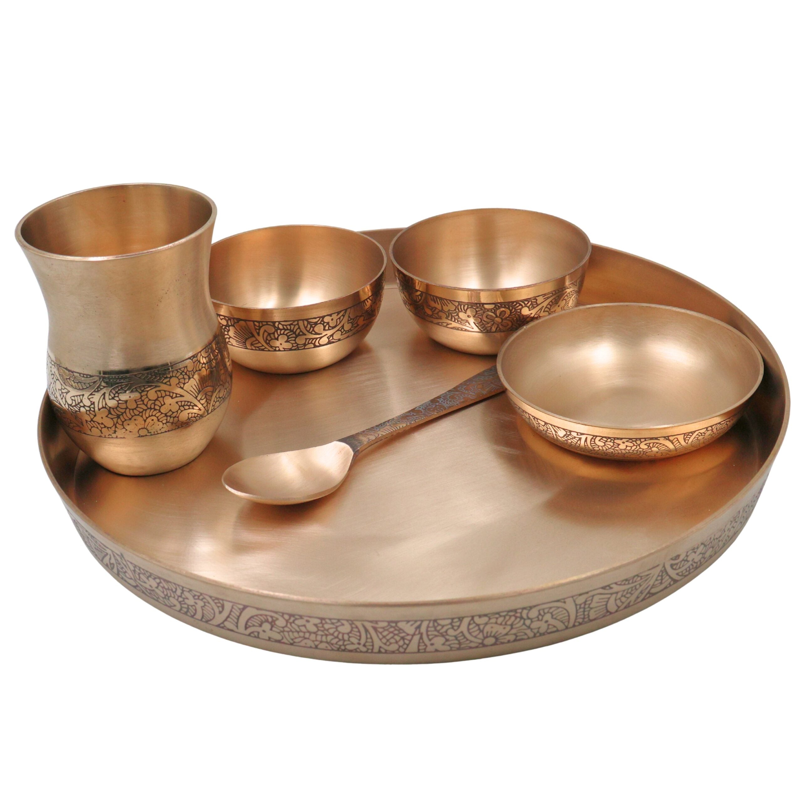 Bronze Kansa Dinner Set, Handcrafted Panchaloha Kansya Bhojan Thali, Traditional Ayurvedic Dining Plate Bowl Glass Spoon Set for Wellness Meals, Gold, 11.42 Inch, 1 Piece