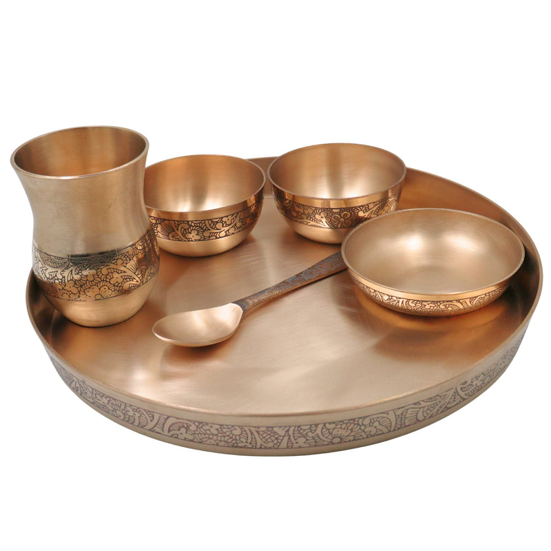 Bronze Kansa Dinner Set, Handcrafted Panchaloha Kansya Bhojan Thali, Traditional Ayurvedic Dining Plate Bowl Glass Spoon Set for Wellness Meals, Gold, 11.42 Inch, 1 Piece