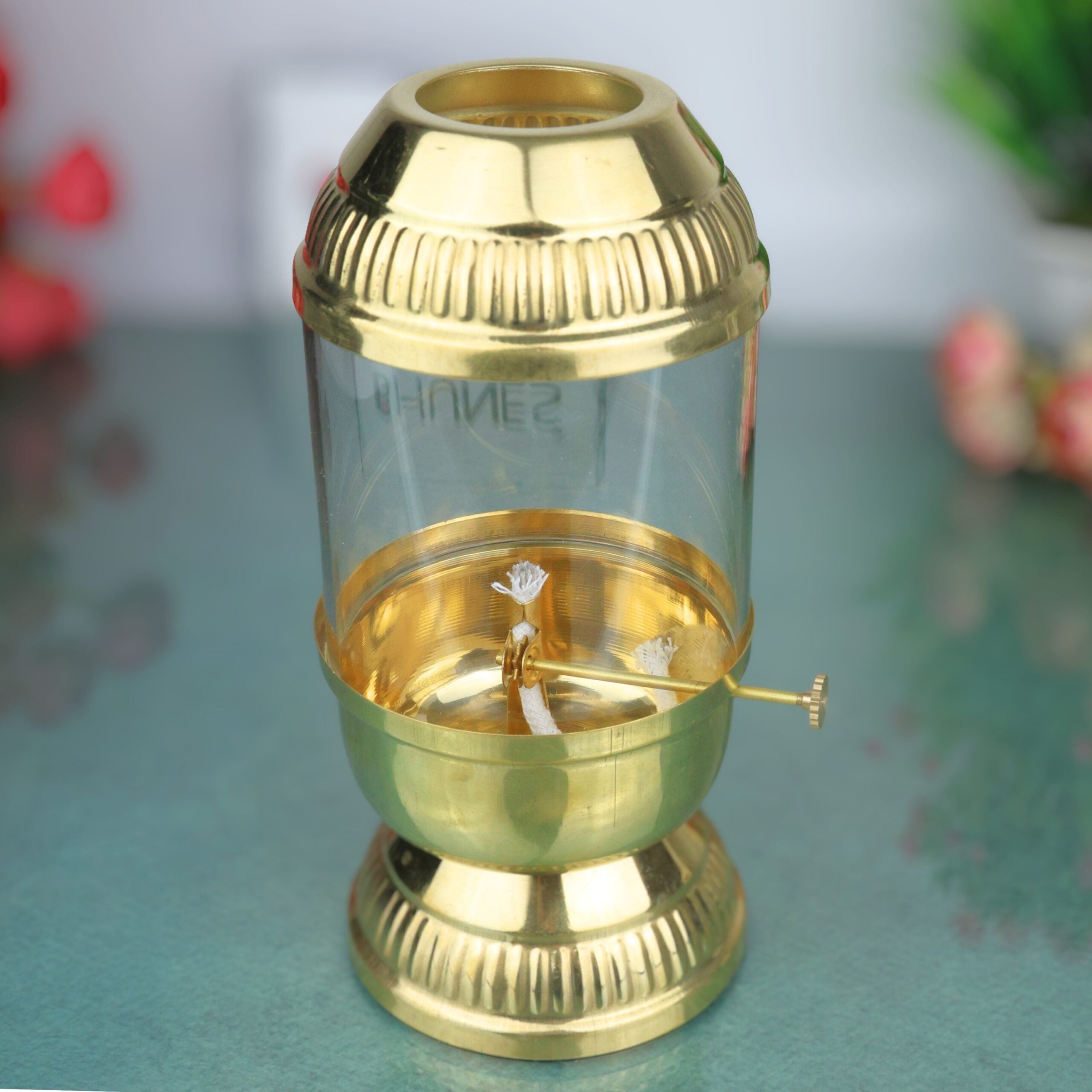 Brass Vintage Style Glass Oil Diya, Traditional Jyoti Deepam Vilakku Chirag for Pooja, Temple, Aarti & Festive Home Decor, Gold, 6.5 Inch, 1 Piece