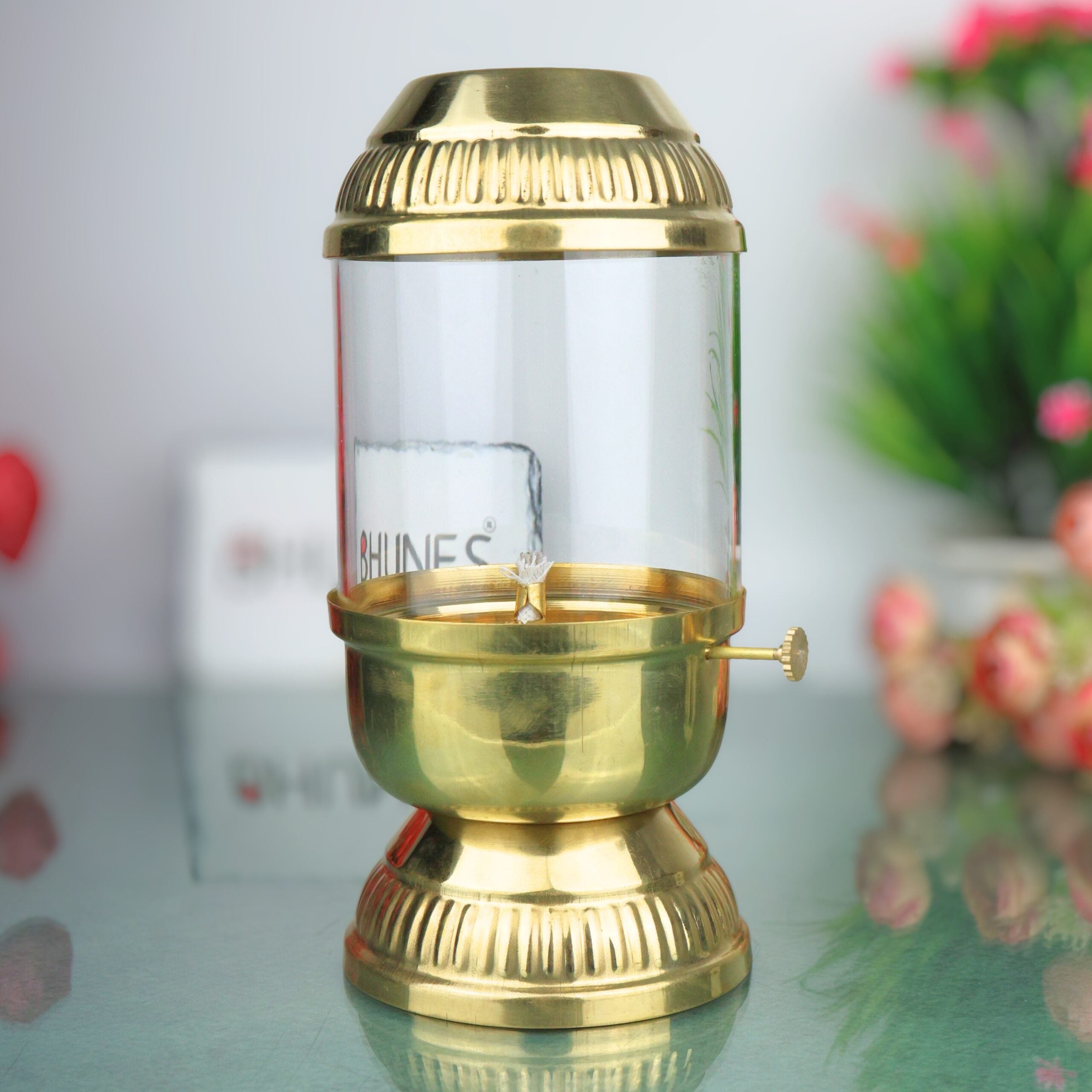 Brass Vintage Style Glass Oil Diya, Handcrafted Traditional Peetal Pooja Deepam Vilakku Chirag for Mandir, Aarti & Festive Decor, Gold, 8.5 Inch, 1 Piece
