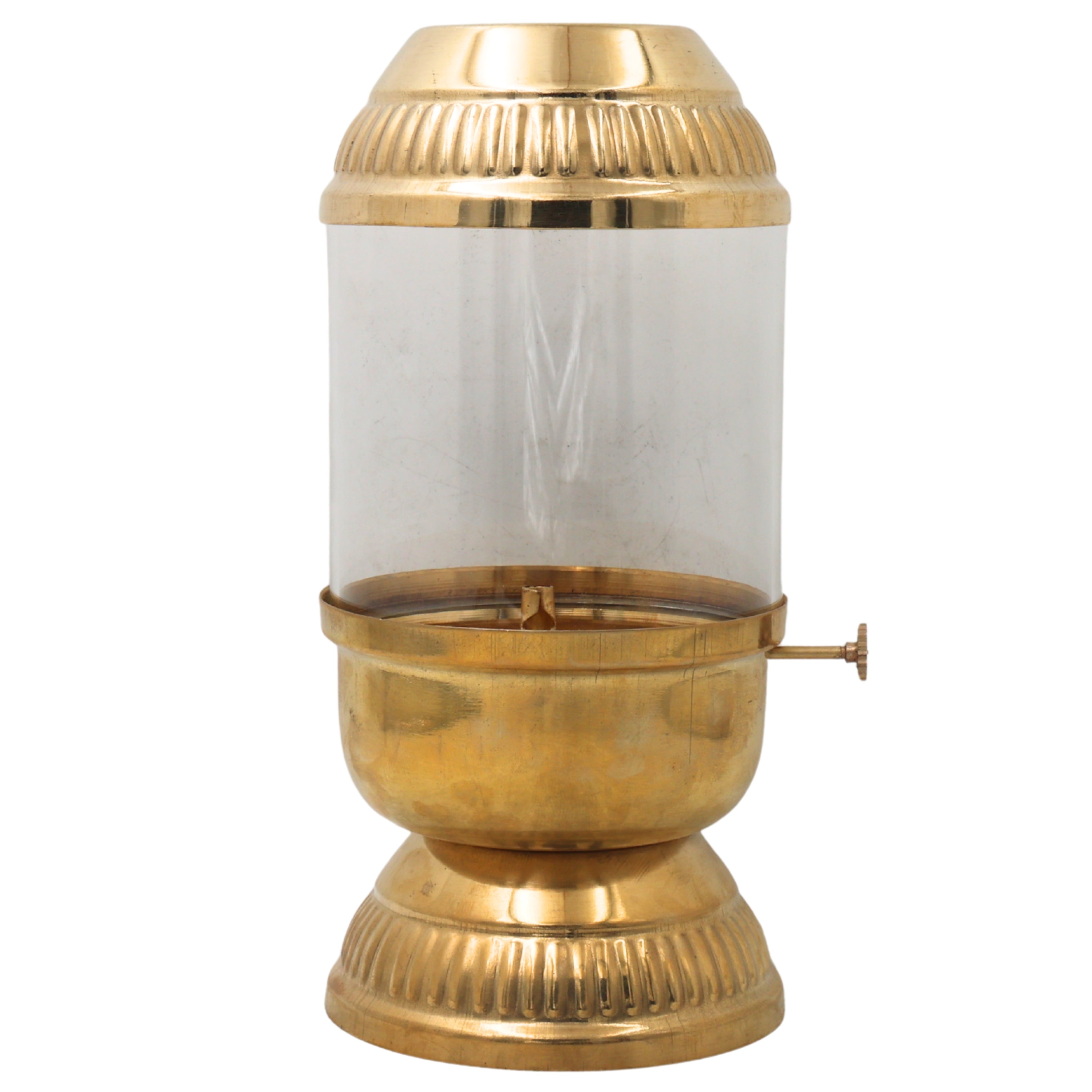 Brass Vintage Style Glass Oil Diya, Handcrafted Traditional Peetal Pooja Deepam Vilakku Chirag for Mandir, Aarti & Festive Decor, Gold, 8.5 Inch, 1 Piece