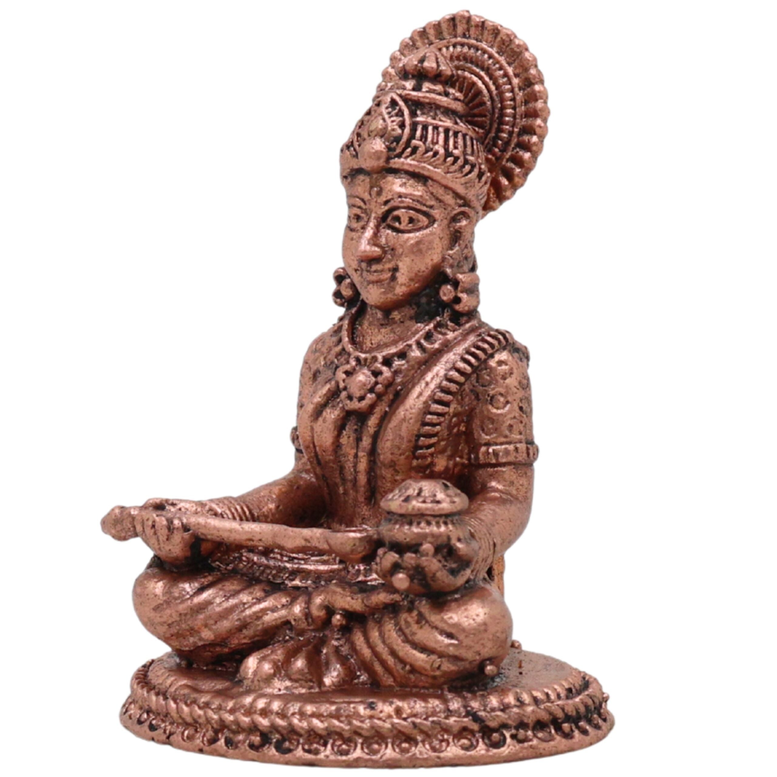 Copper Annapurna Devi Idol, Handcrafted Tamra Annapoorneshwari Murti, Annada Goddess Puja Vigraham for Home Temple Decor, Brown, 2 Inch, 1 Piece