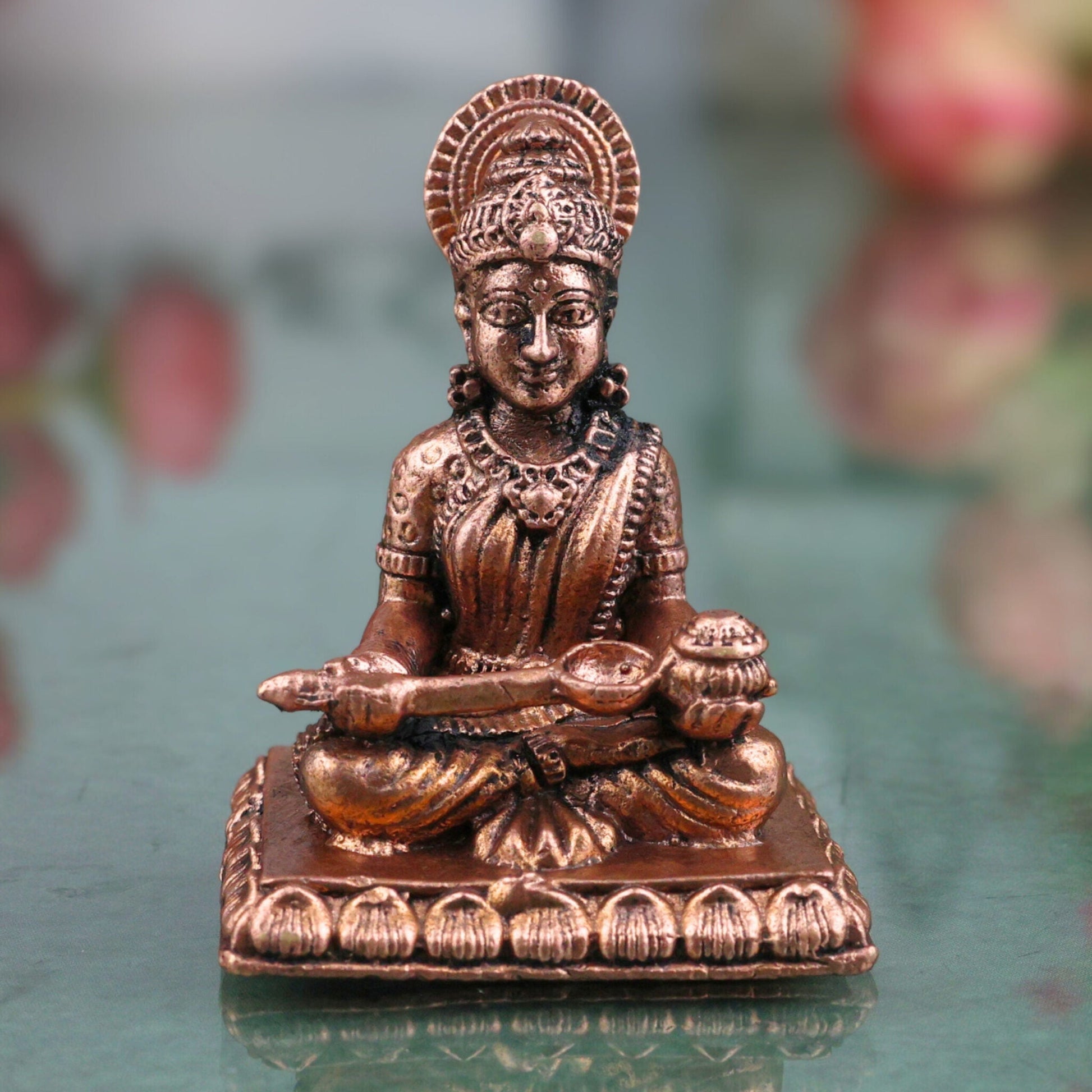 Copper Annapurna Idol, Handcrafted Tamra Annapurneshwari Devi Murti, Annada Annalakshmi Mini Vigraham for Pooja & Home Temple, Brown, 1.5 Inch, 1 Piece