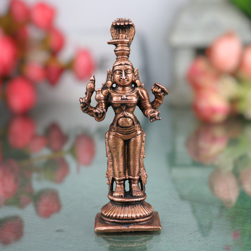 Copper Mariyamma Idol, Handcrafted Mariamman Mari Mata Mari Devi Vigraham, Tamraloha Puja Murti for Home Temple Decor, Brown, 3 Inch, 1 Piece