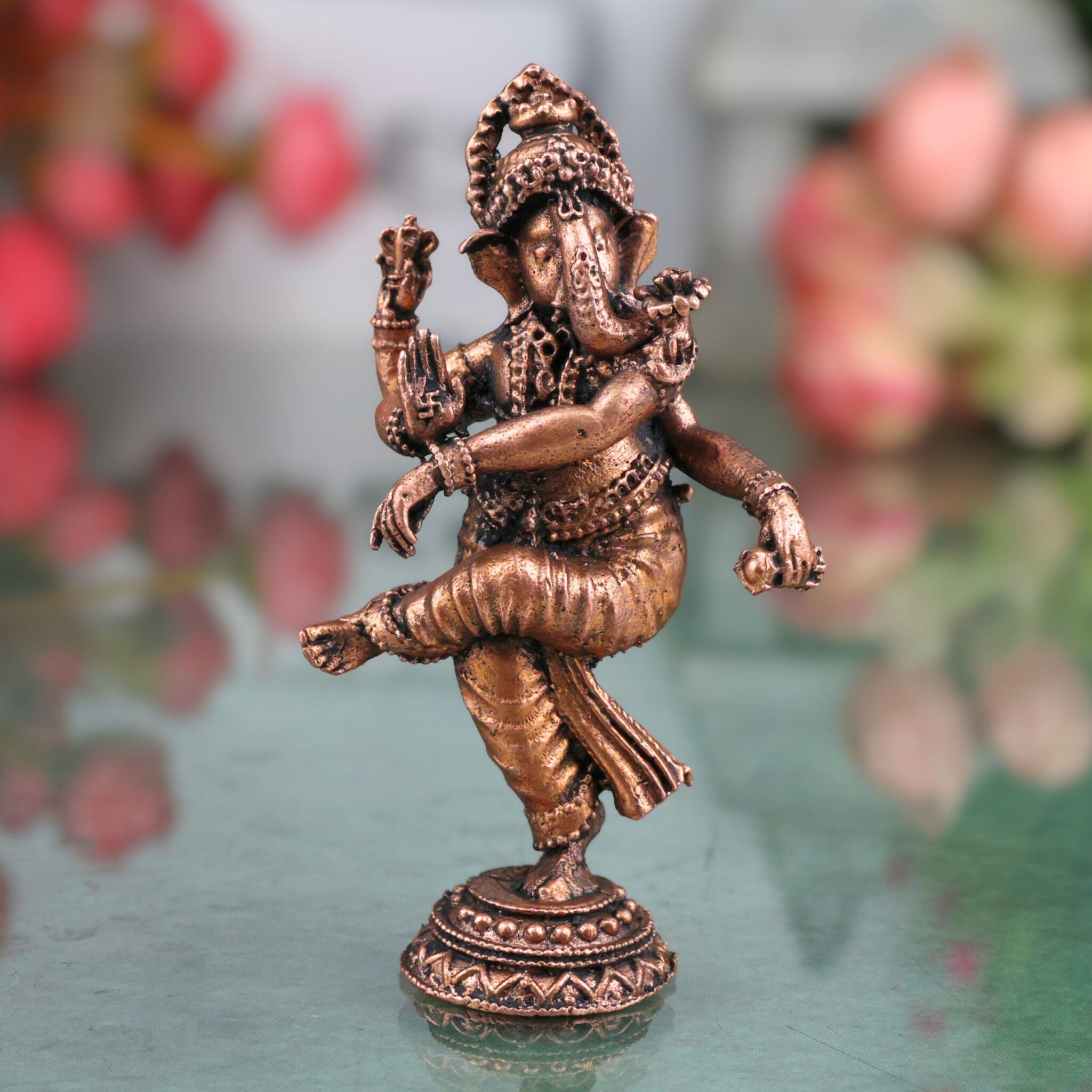 Copper Dancing Ganesha Idol, Nritta Ganapati Nartana Vinayaka Nritya Ganesha Tamra Vigraham for Home Pooja Decor & Gifting, Brown, 3 Inch, 1 Piece