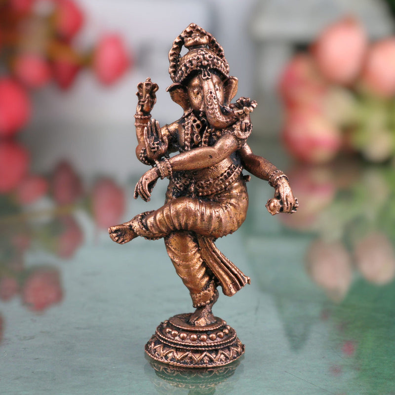 Copper Dancing Ganesha Idol, Nritta Ganapati Nartana Vinayaka Nritya Ganesha Tamra Vigraham for Home Pooja Decor & Gifting, Brown, 3 Inch, 1 Piece
