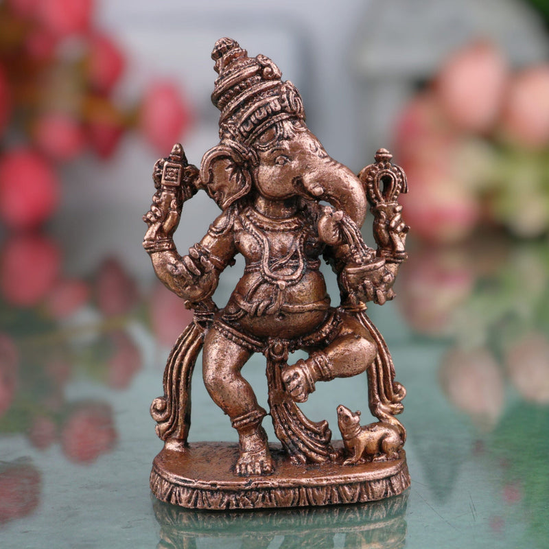 Copper Dancing Ganesha Idol, Nritta Ganapati Nritya Vinayaka Tamra Vigraham Narthana Pillaiyar Sculpture for Pooja Decor Gift, Brown, 3 Inch, 1 Piece