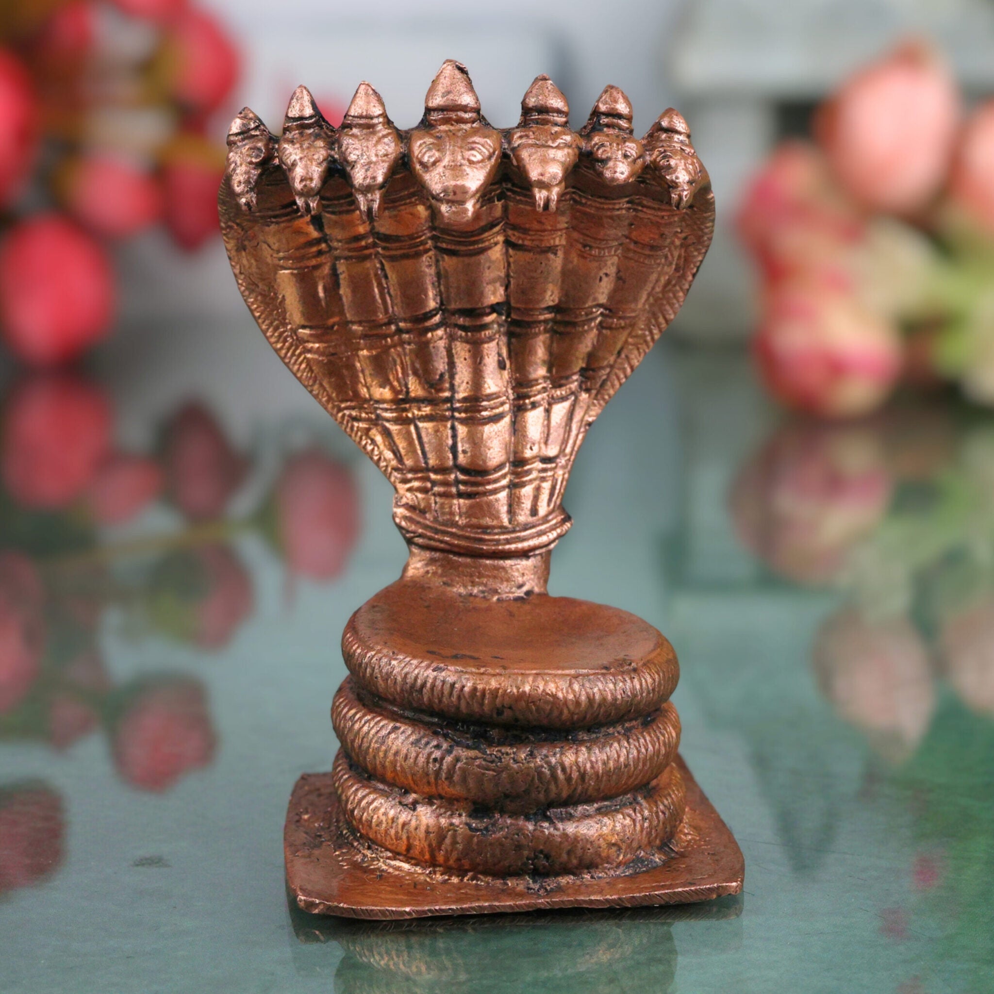 Copper Sheshnag Idol, Handcrafted Ananta Adi Shesha Nagraj Vigraha, Tamraloha Naga Devata Murti for Pooja & Home Decor, Brown, 3 Inch, 1 Piece