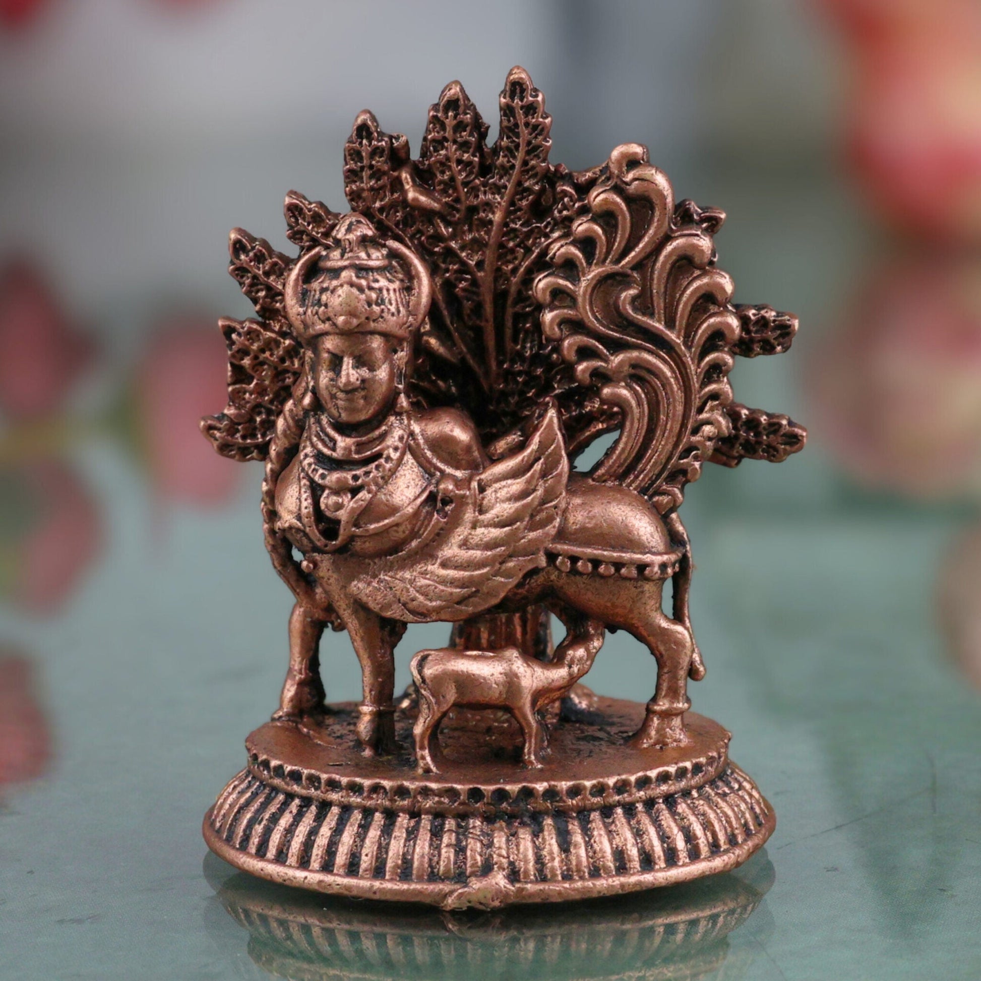 Copper Kamadhenu Idol, Surabhi Nandini Gau Mata Vigraham, Tamra Kamadenu Murti for Pooja Home Decor Gift, Brown, 1.5 Inch, 1 Piece