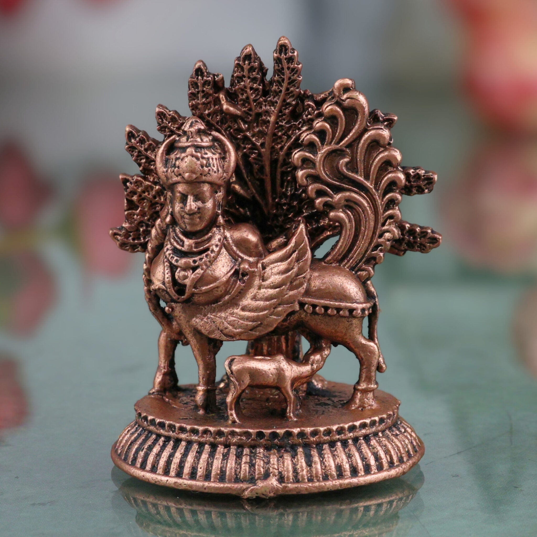 Copper Kamadhenu Idol, Surabhi Nandini Gau Mata Vigraham, Tamra Kamadenu Murti for Pooja Home Decor Gift, Brown, 1.5 Inch, 1 Piece