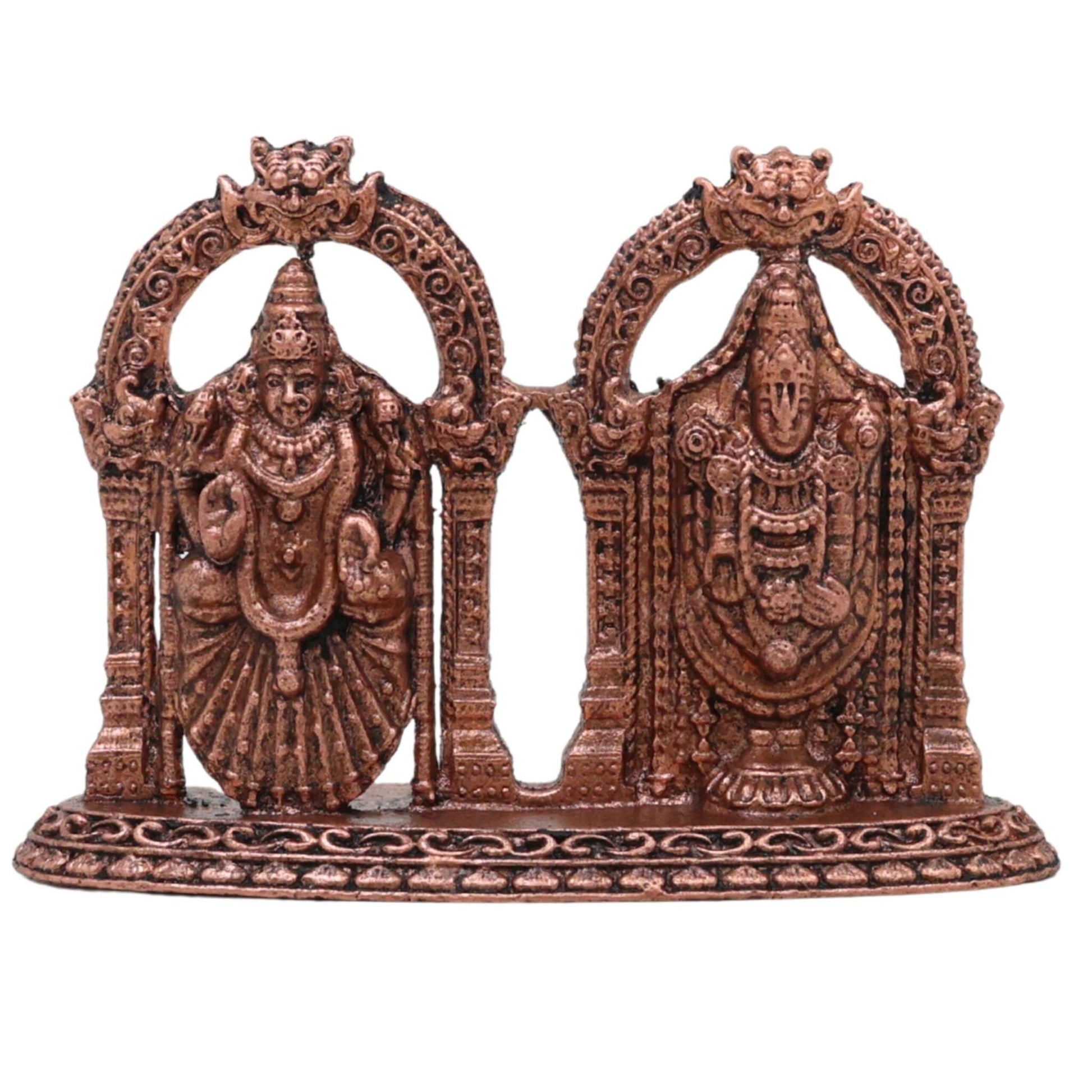 Copper Venkateshwara Balaji Idol with Lakshmi, Srinivasa Govinda Perumal Tamra Vigraham Murti for Home Puja Decor, Brown, 2 Inch, 1 Piece