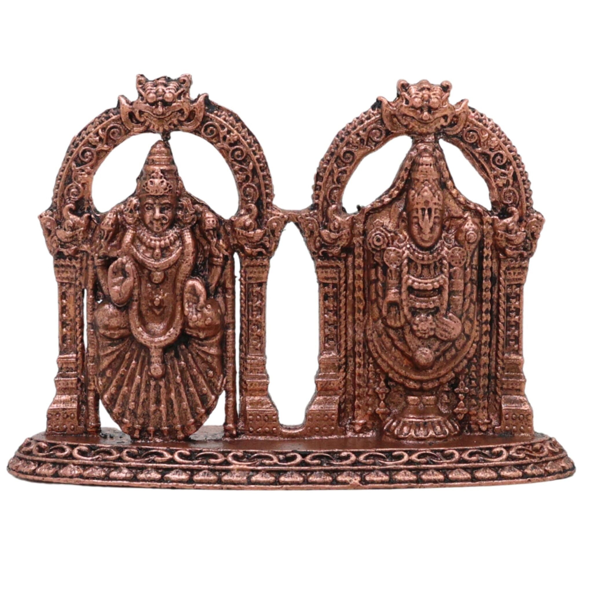Copper Venkateshwara Balaji Idol with Lakshmi, Srinivasa Govinda Perumal Tamra Vigraham Murti for Home Puja Decor, Brown, 2 Inch, 1 Piece
