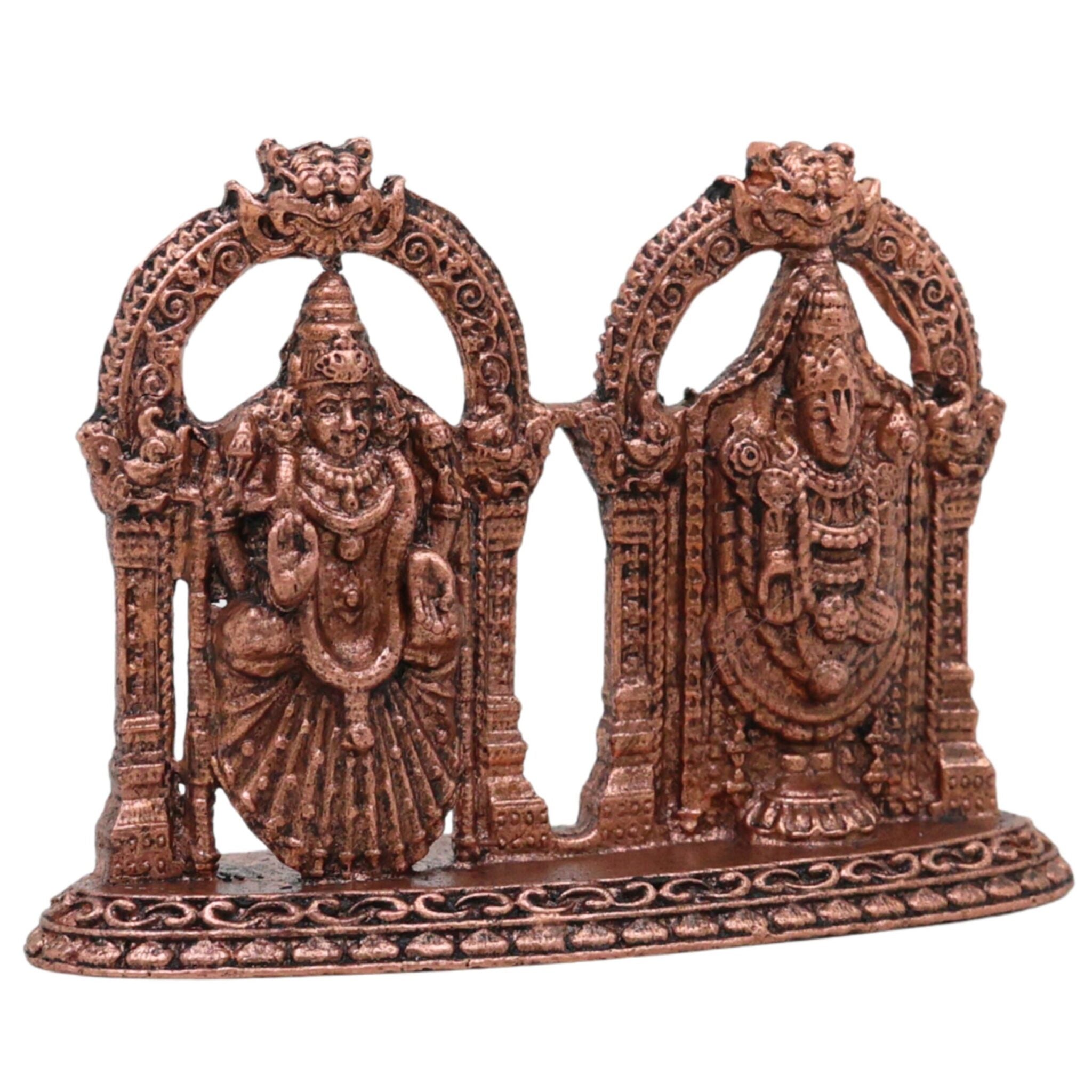 Copper Venkateshwara Balaji Idol with Lakshmi, Srinivasa Govinda Perumal Tamra Vigraham Murti for Home Puja Decor, Brown, 2 Inch, 1 Piece