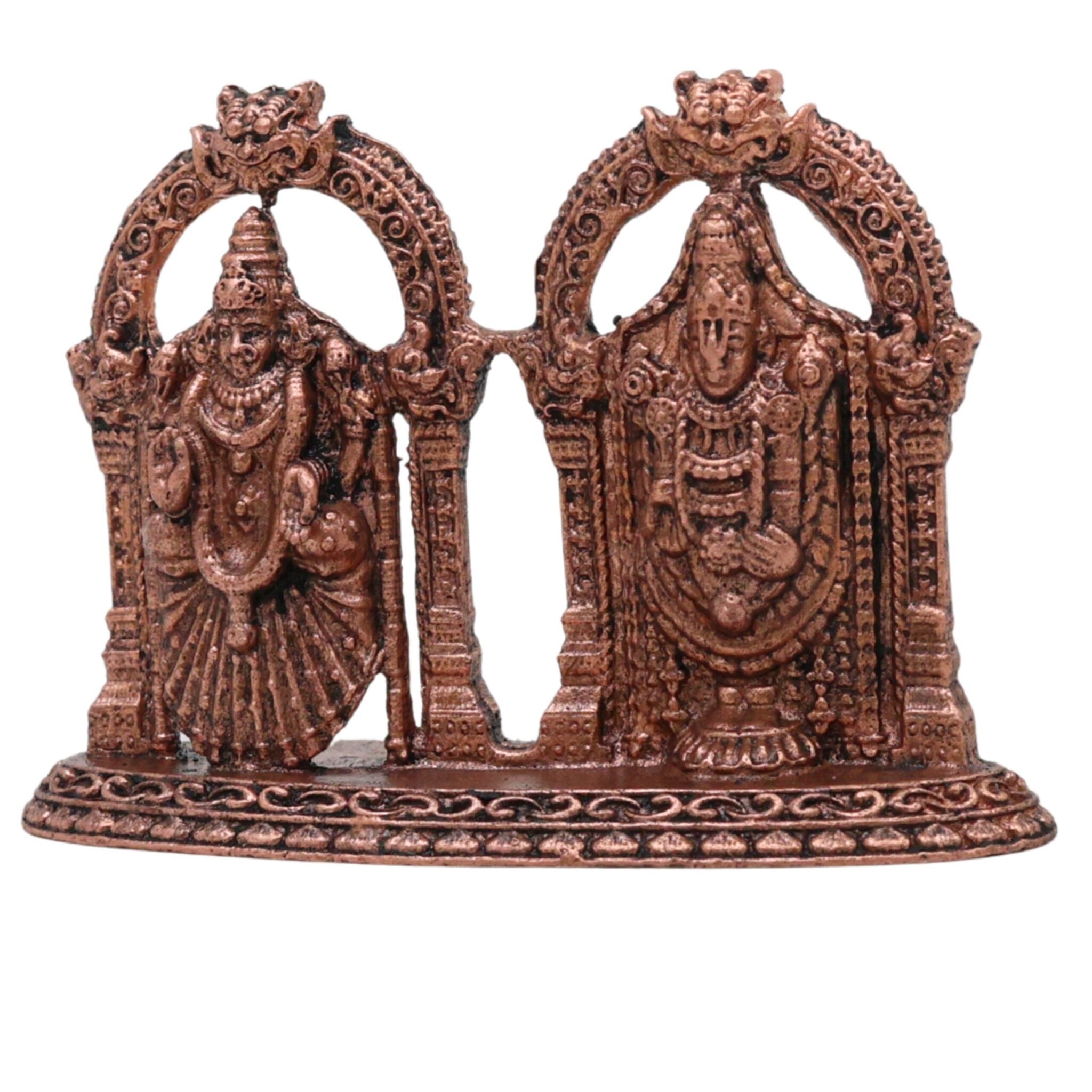 Copper Venkateshwara Balaji Idol with Lakshmi, Srinivasa Govinda Perumal Tamra Vigraham Murti for Home Puja Decor, Brown, 2 Inch, 1 Piece