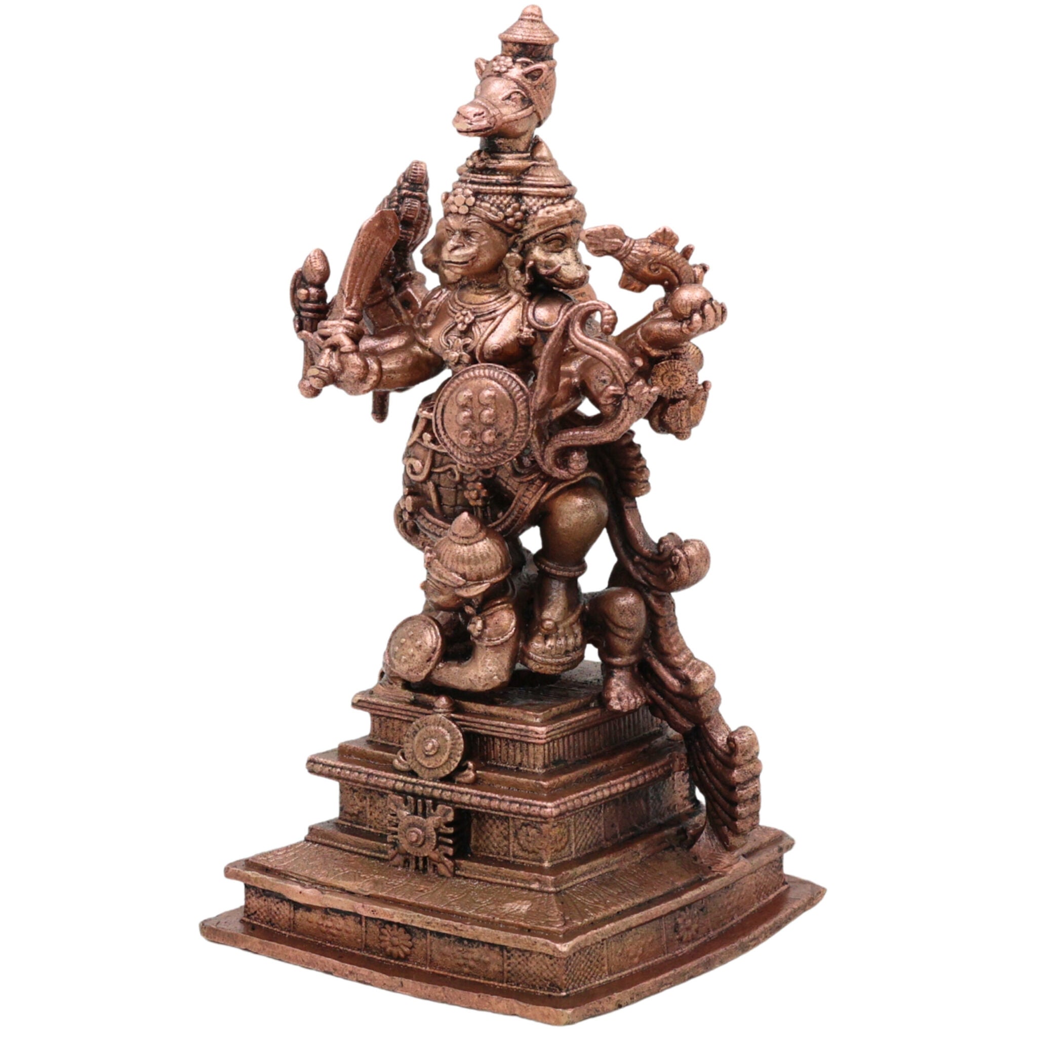 Copper Panchamukhi Veera Hanuman Idol, Panchamukha Anjaneya Swamy Vigraham, Panchavaktra Bajrangbali Murti for Pooja & Home Decor, Brown, 6.5 Inch, 1 Piece