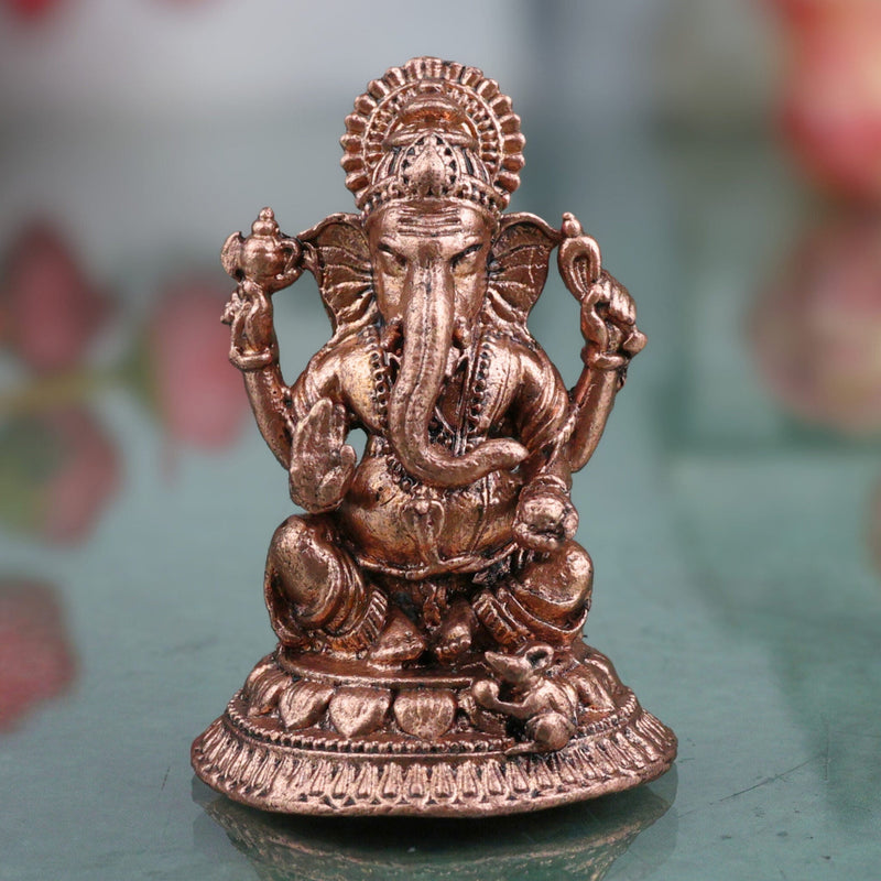 Copper Ganesha Idol, Tamra Ganapati Vinayaka Vigraham, Vighneshwara Ekadanta Murti for Home Puja Decor & Gifts, Brown, 2 Inch, 1 Piece