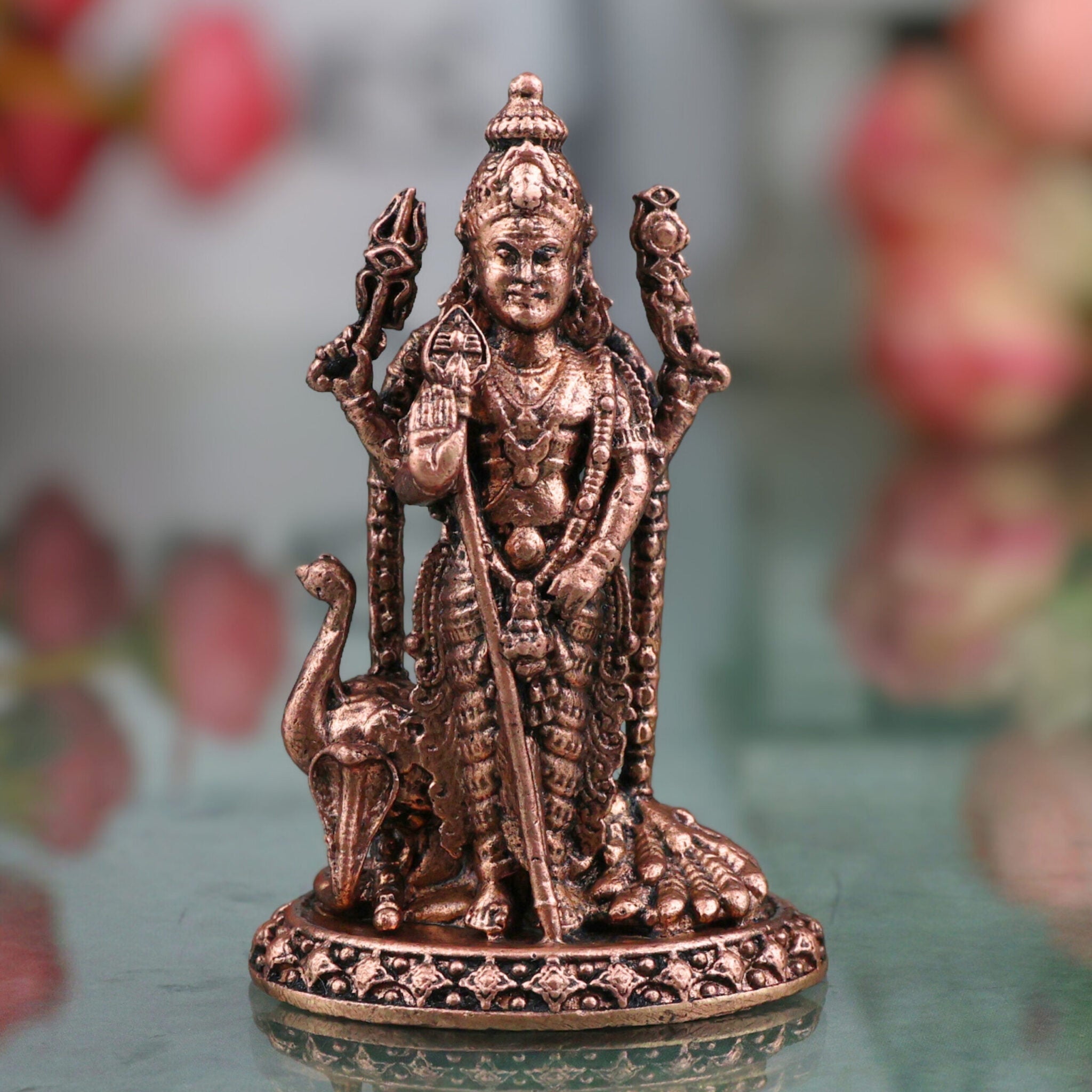Copper Murugan Idol, Lord Kartikeya Subramanya Skanda Shanmukha Velan Sculpture for Home Pooja, Brown, 2.5 Inch, 1 Piece