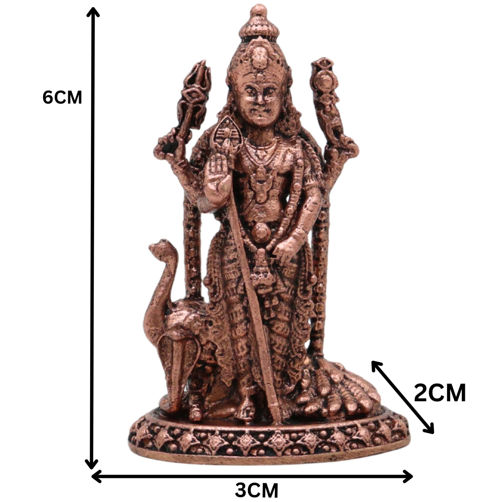 Copper Murugan Idol, Lord Kartikeya Subramanya Skanda Shanmukha Velan Sculpture for Home Pooja, Brown, 2.5 Inch, 1 Piece