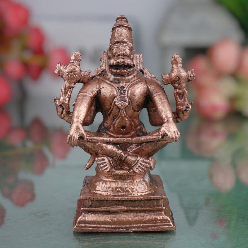 Copper Yoga Narasimha Idol, Yoganarasimha Dhyan Narasimha Shanta Saumya Narasimha Vigraham for Home Pooja & Temple Decor, Brown, 4 Inch, 1 Piece