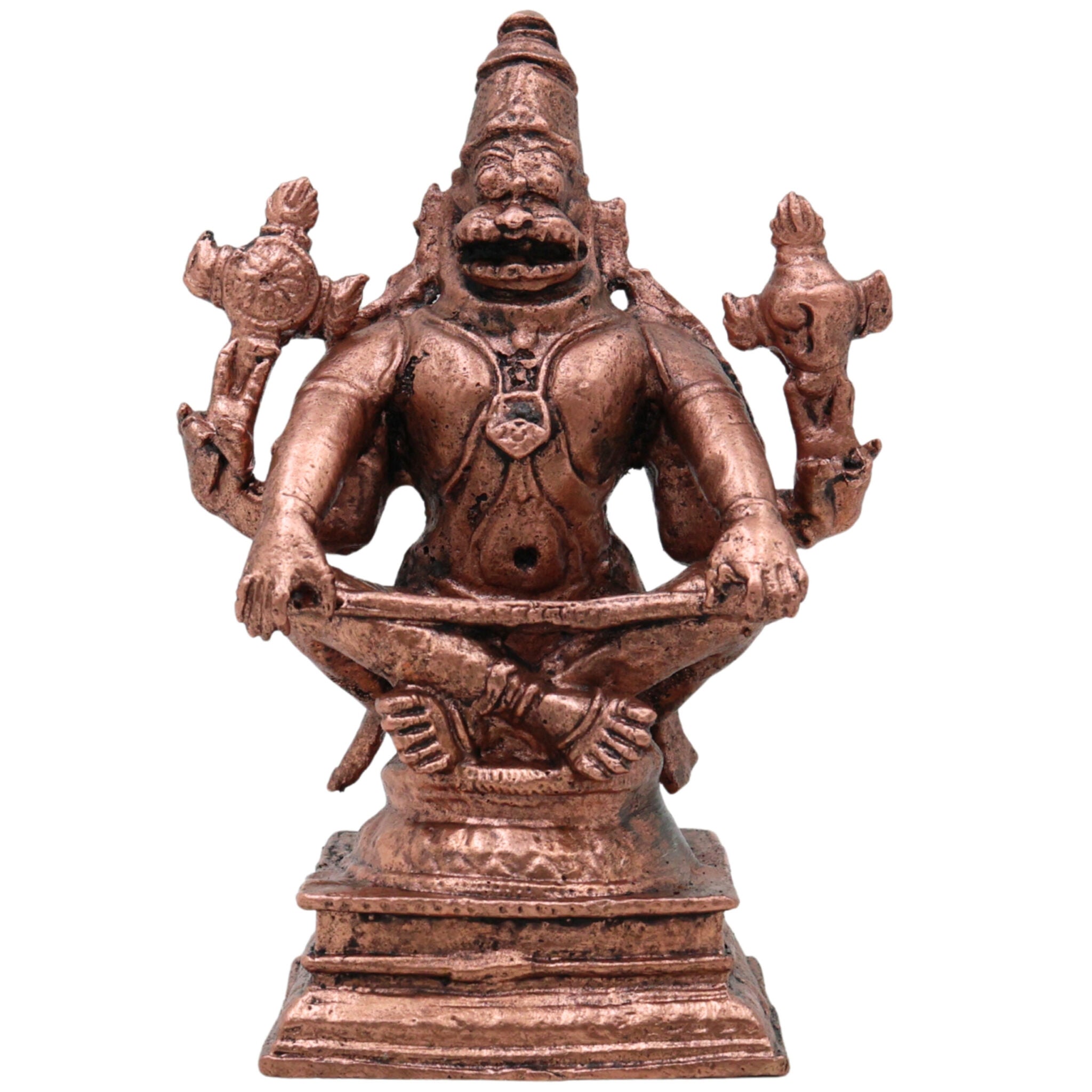 Copper Yoga Narasimha Idol, Yoganarasimha Dhyan Narasimha Shanta Saumya Narasimha Vigraham for Home Pooja & Temple Decor, Brown, 4 Inch, 1 Piece