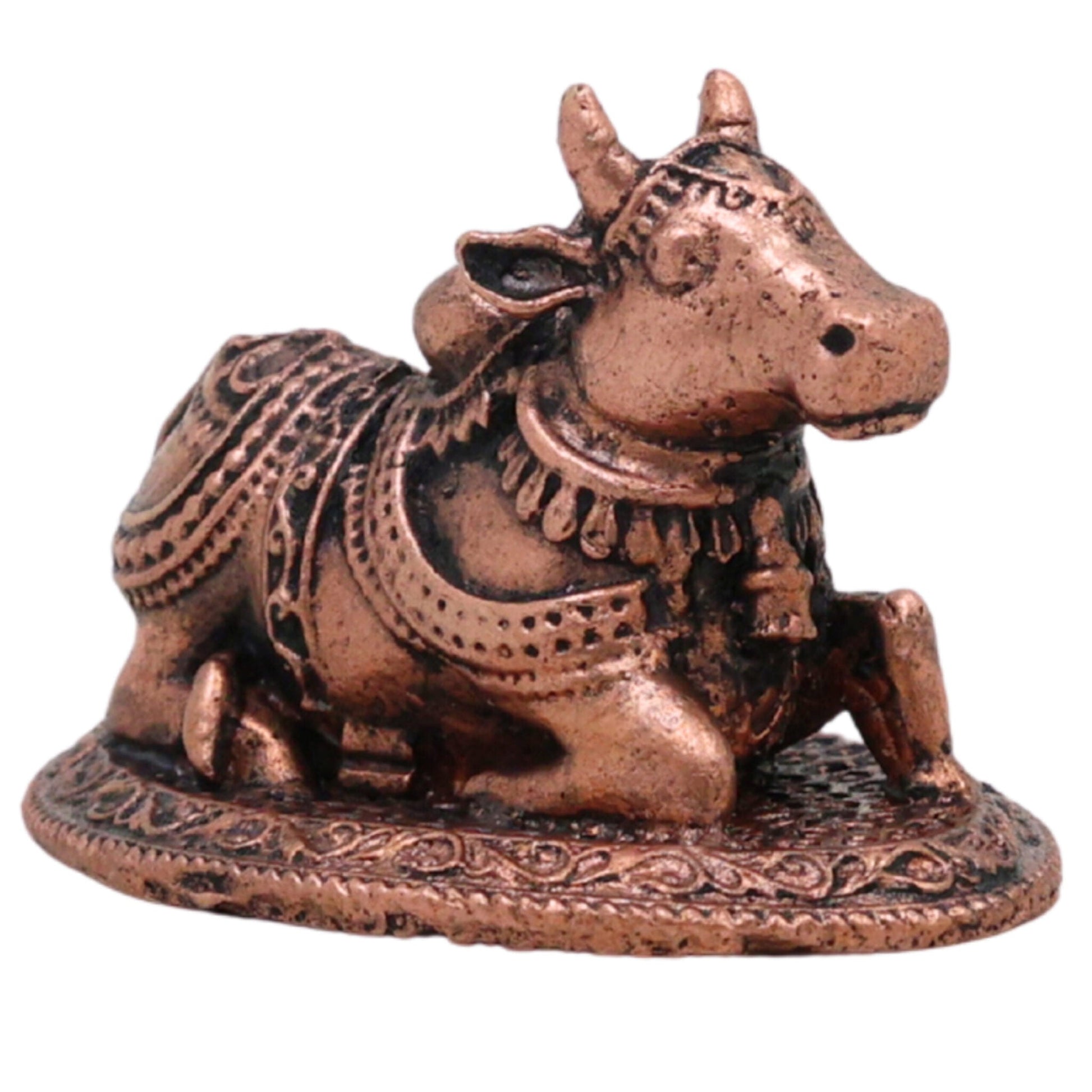 Copper Nandi Idol, Handcrafted Tamra Nandikeshwara Murti, Basava Vrishabha Shiva Vahana Vigraham for Puja & Home Decor, Brown, 1 Inch, 1 Piece