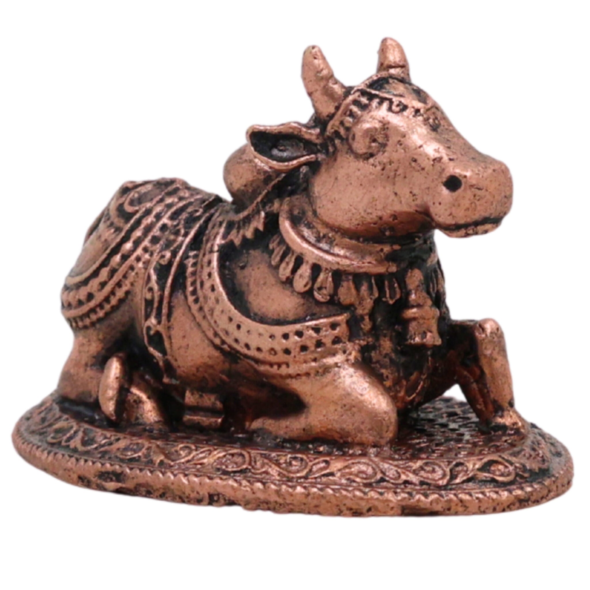 Copper Nandi Idol, Handcrafted Tamra Nandikeshwara Murti, Basava Vrishabha Shiva Vahana Vigraham for Puja & Home Decor, Brown, 1 Inch, 1 Piece