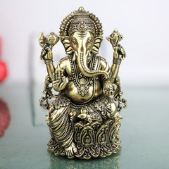 Brass Ganesha Idol, Handcrafted Ganapati Vinayaka Siddhivinayak Mangalmurti Murti for Pooja, Home Decor, Vastu & Gifting, Gold, 5 Inch, 1 Piece