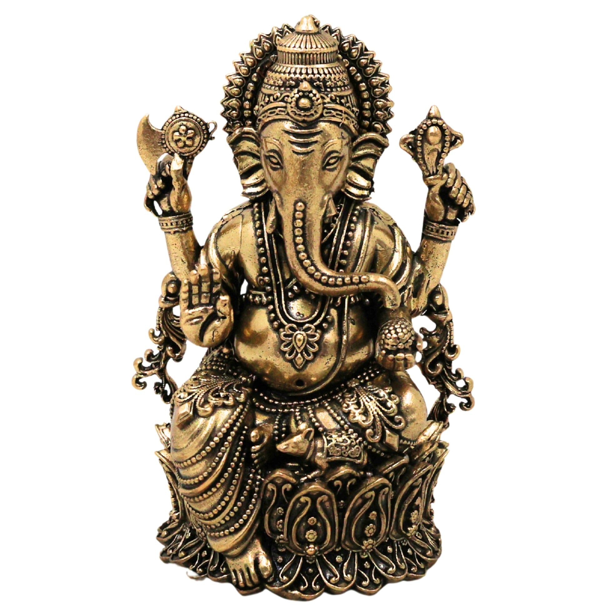 Brass Ganesha Idol Peetal Ganapati Vinayaka Murti Vighnaharta Siddhivinayak Pillaiyar Statue for Puja Home Decor Gift, Gold, 4 Inch, 1 Piece