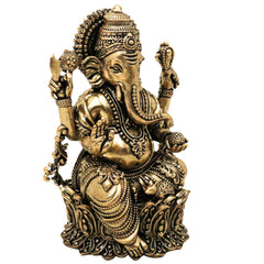 Brass Ganesha Idol Peetal Ganapati Vinayaka Murti Vighnaharta Siddhivinayak Pillaiyar Statue for Puja Home Decor Gift, Gold, 4 Inch, 1 Piece