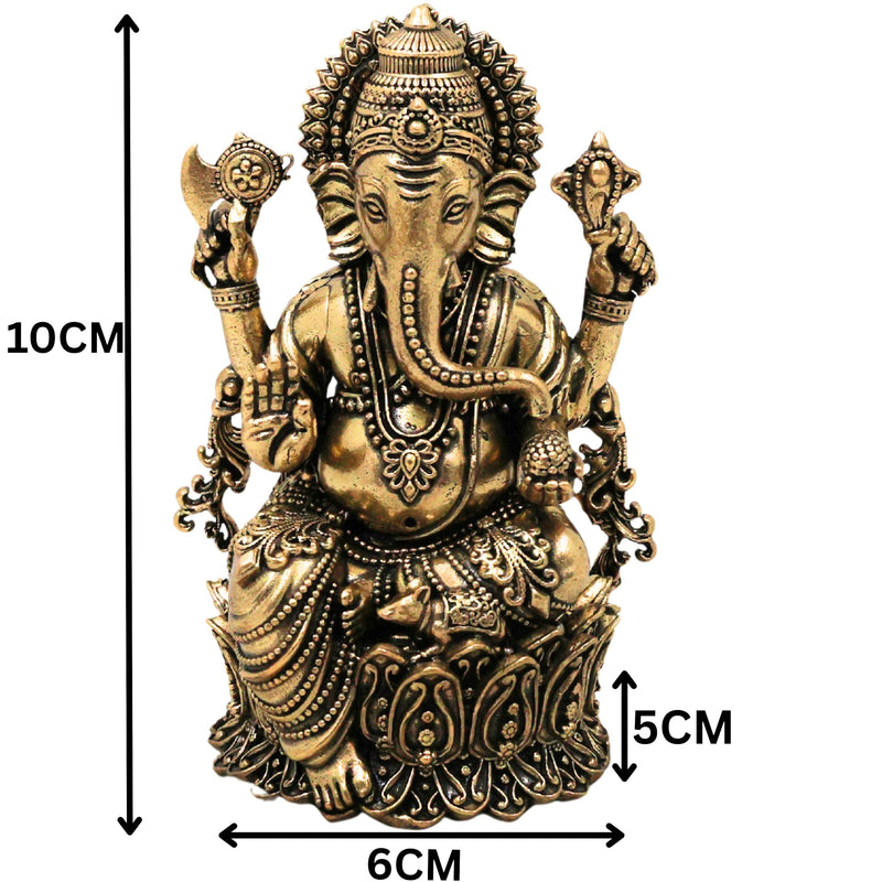Brass Ganesha Idol Peetal Ganapati Vinayaka Murti Vighnaharta Siddhivinayak Pillaiyar Statue for Puja Home Decor Gift, Gold, 4 Inch, 1 Piece