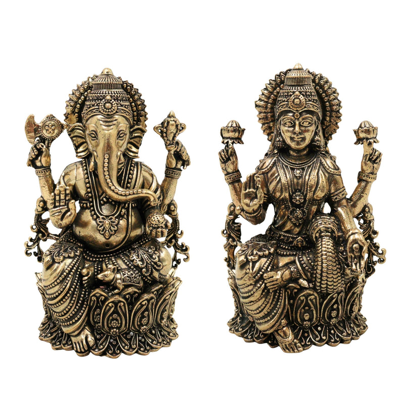 Brass Ganesha Lakshmi Idol, Handcrafted Lakshmi Ganapati Murti, Sri Lakshmi Sahita Ganesh Vigraham for Puja, Home Decor & Prosperity, Gold, 5 Inch, 2 Piece