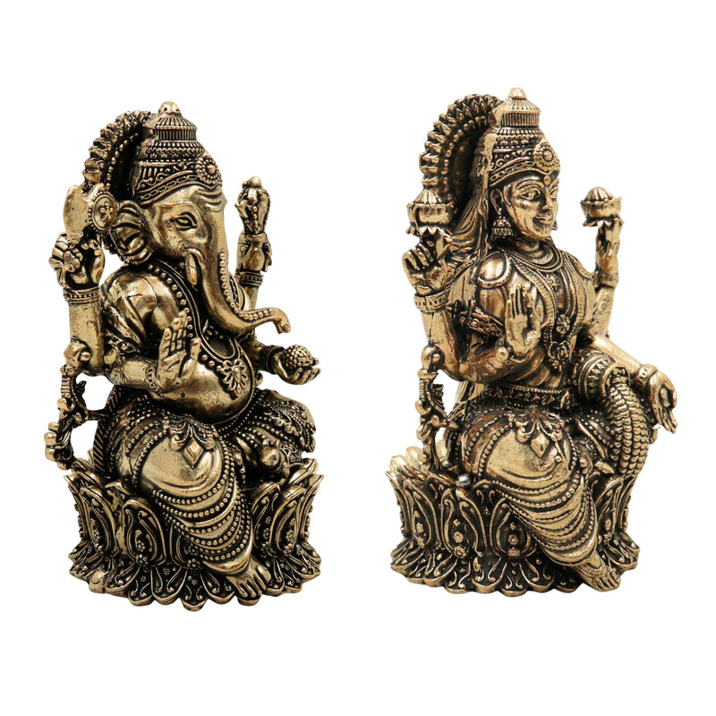 Brass Ganesha Lakshmi Idol, Handcrafted Lakshmi Ganapati Murti, Sri Lakshmi Sahita Ganesh Vigraham for Puja, Home Decor & Prosperity, Gold, 5 Inch, 2 Piece