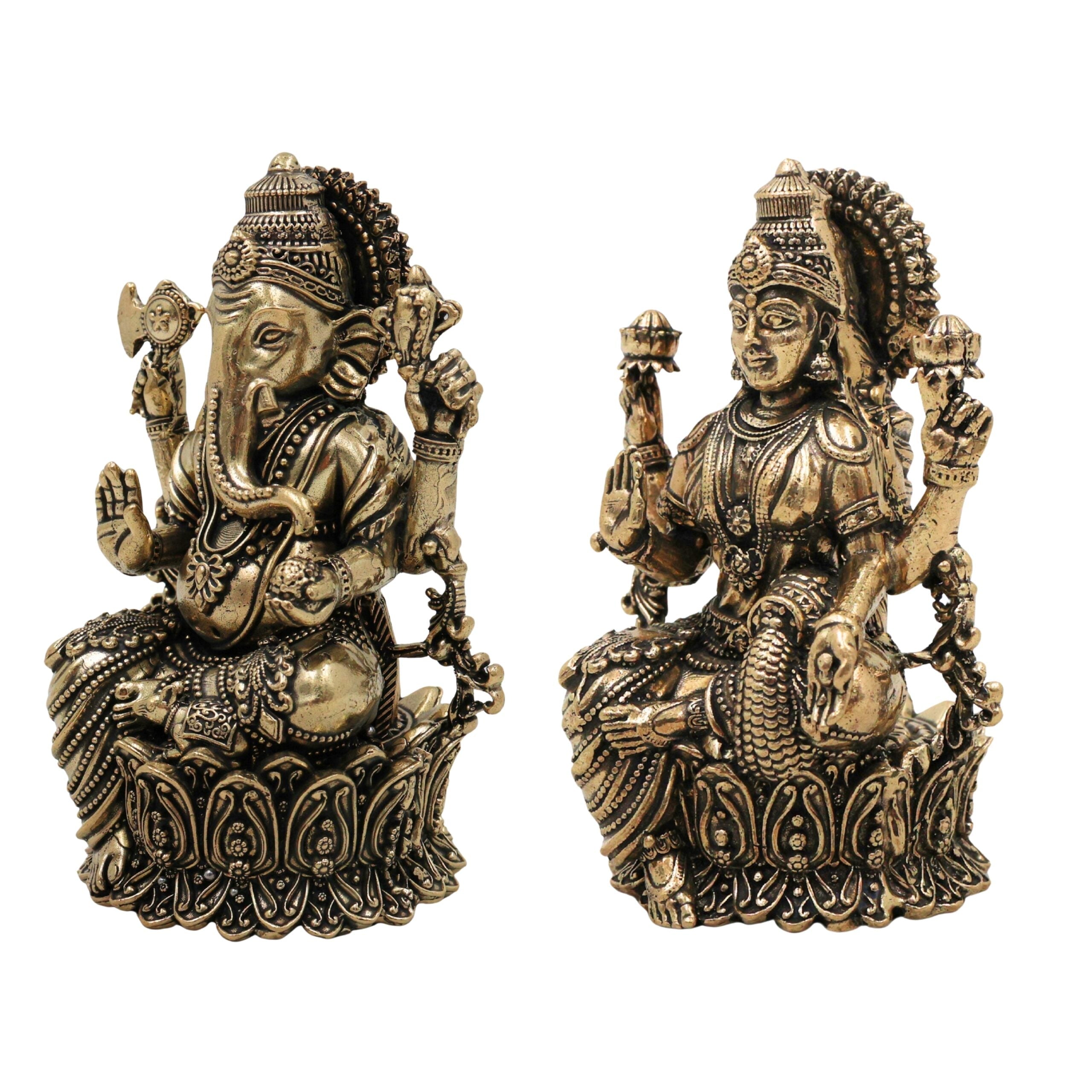 Brass Ganesha Lakshmi Idol, Handcrafted Lakshmi Ganapati Murti, Sri Lakshmi Sahita Ganesh Vigraham for Puja, Home Decor & Prosperity, Gold, 5 Inch, 2 Piece